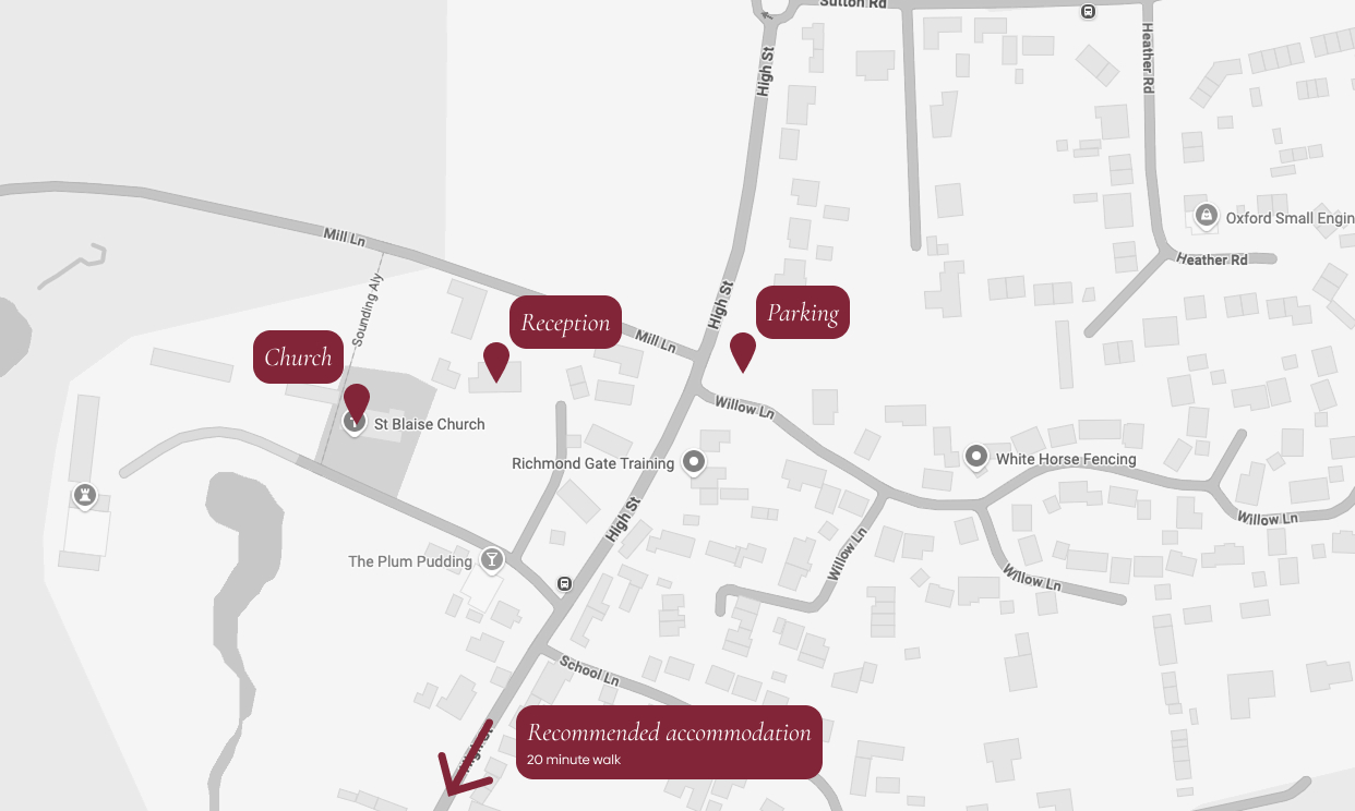 Map showing Church, Reception and Parking